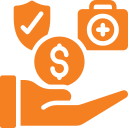 orange icon of a hand holding money, first aid kit and a shield