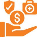 orange icon of a hand holding money, first aid kit and a shield » HCi