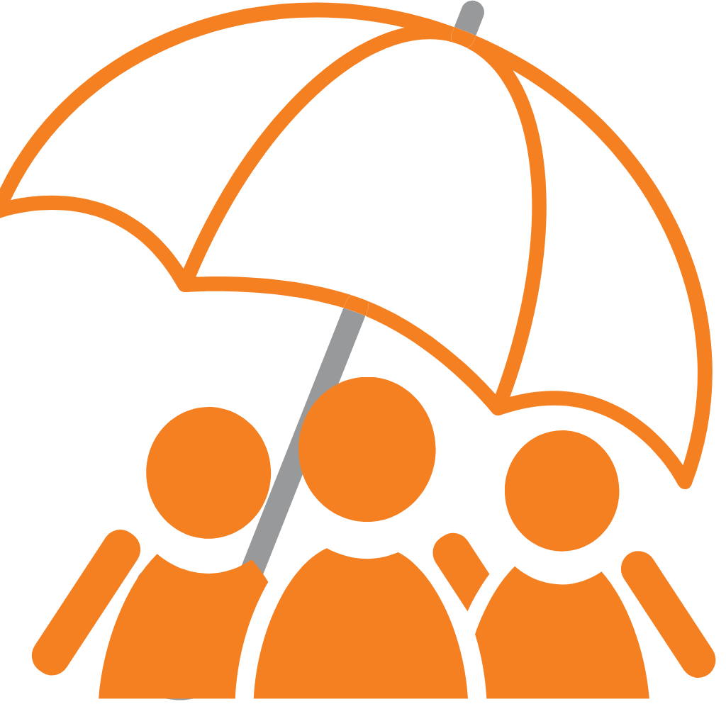 orange icon graphic representing a family under an umbrella