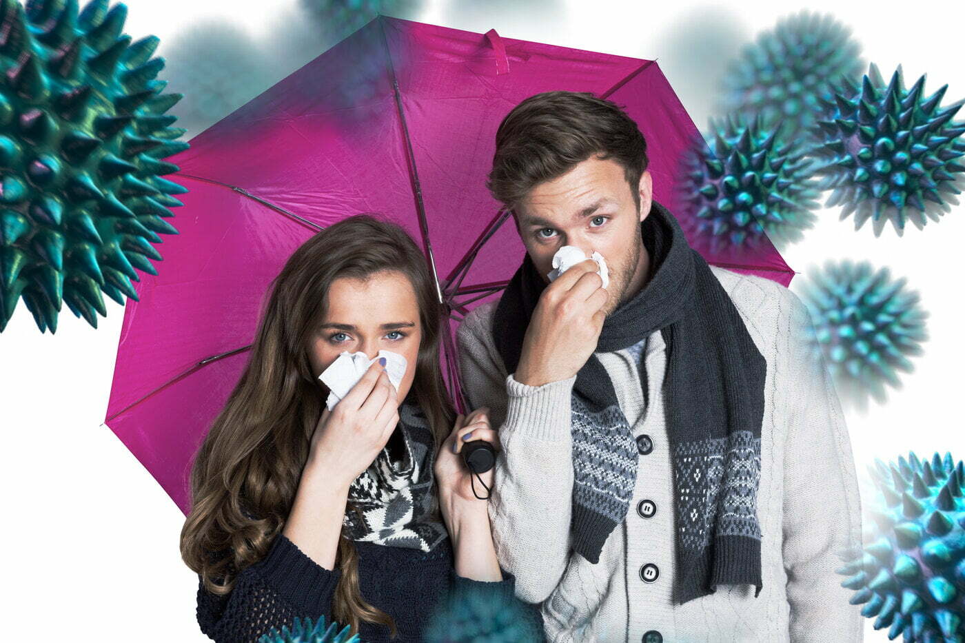 Woman and man with the flu under a purple umbrella and surrounded by viruses - a reminder to get protected by the HCi flu vaccination program » HCi