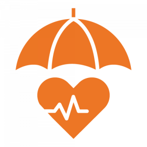 solid orange icon of an umbrella over a healthy heart - join HCi for health cover