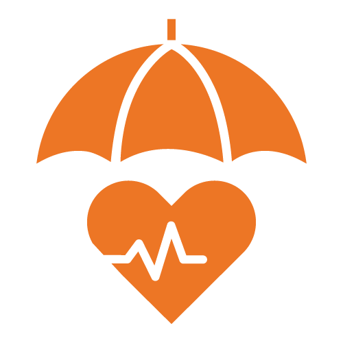 solid orange icon of an umbrella over a healthy heart - join HCi for health cover » HCi