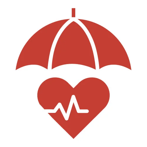 A red icon of an umbrella providing cover to a heart with heart rate graph - representation of HCi healthy extras cover » HCi » HCi