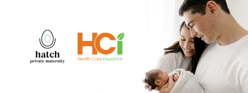 HCi logo, HATCH maternity logo and a couple holding a newborn baby