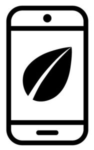 black icon showing a leaf in a mobile phone to represent the HCi Claiming App and contact details