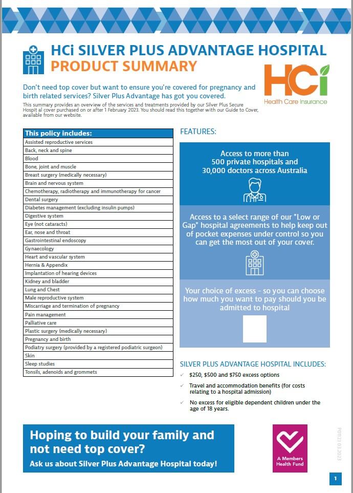 Image of the HCi Silver Plus Advantage product summary guide