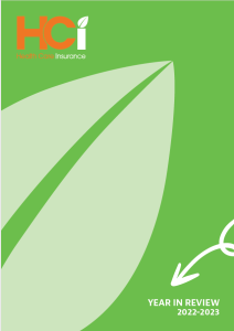 Front cover the HCi Year in Review for members 2022-23 - a green leaf image on a green background with the HCi logo