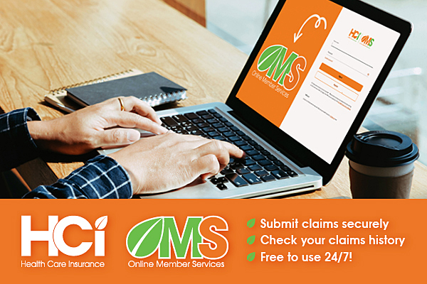 Hands using a laptop showing OMS - the secure online member portal for HCi health cover » HCi