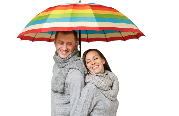 Couple in matching grey jumpers protected by a rainbow striped umbrella - cover is important » HCi